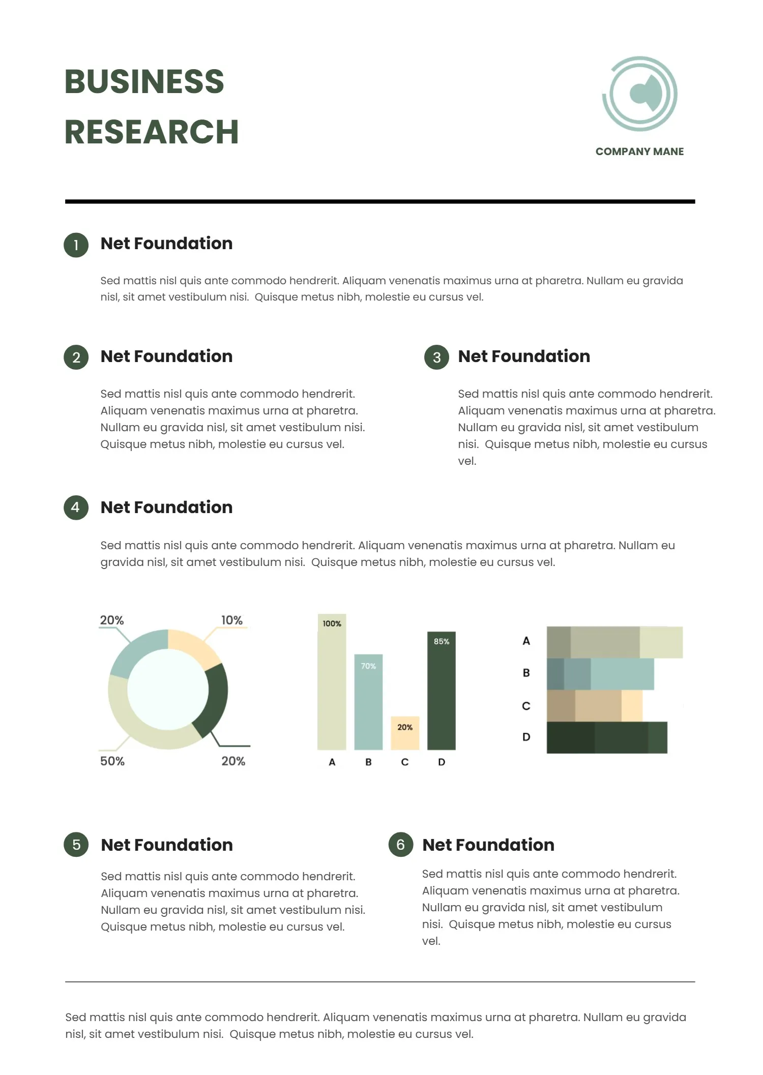 Business Research Report Template with Charts and Numbered Sections